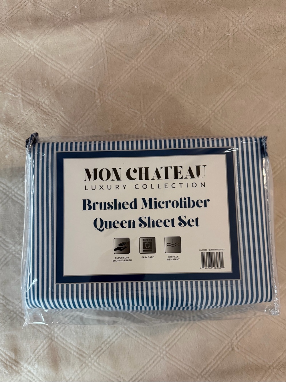 Brushed Microfiber Queen Sheet Set - Navy/White Stripe